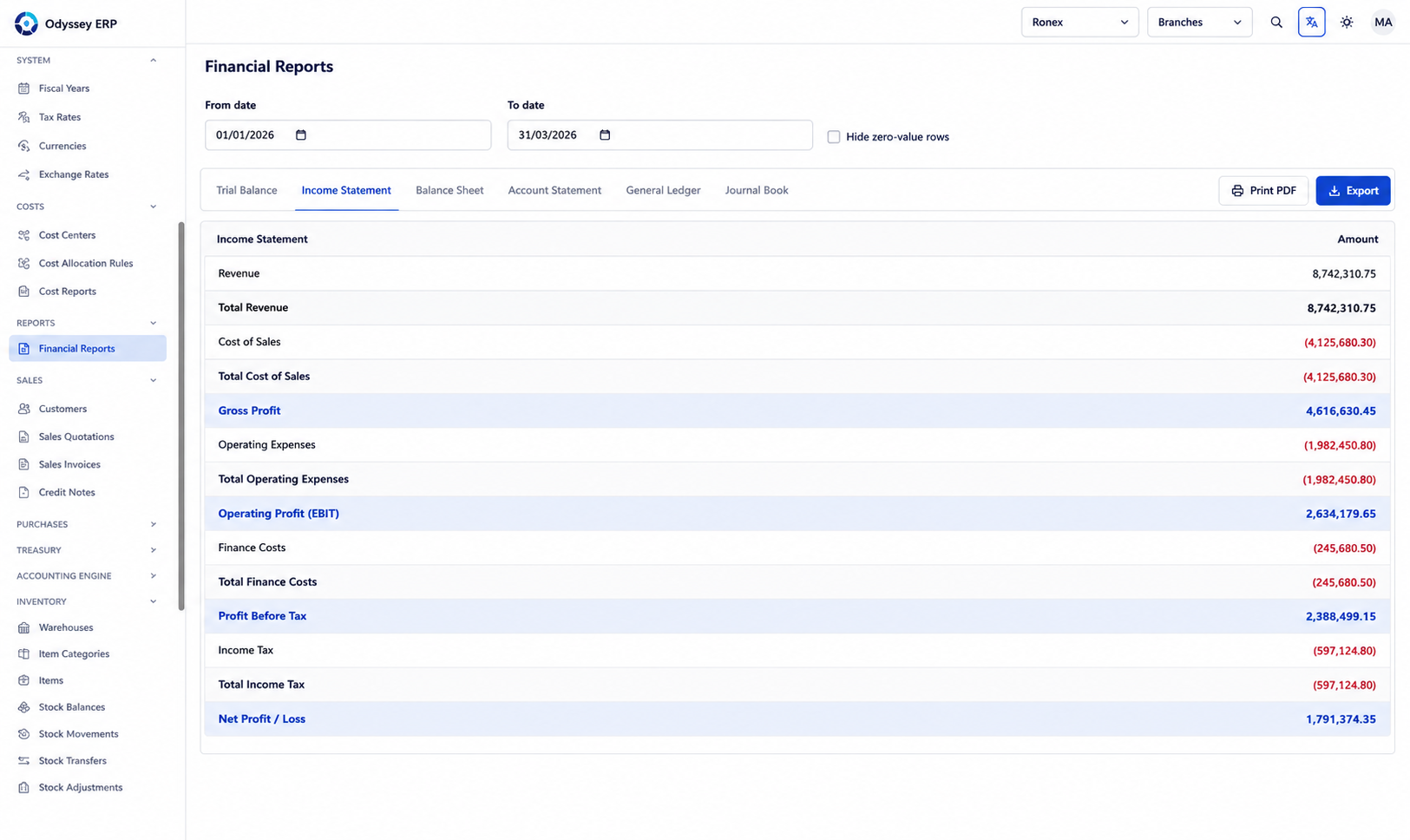 Odyssey ERP Financial Reports